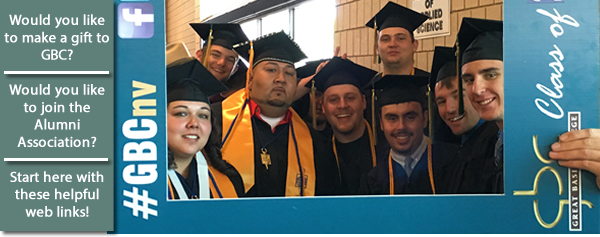 Online Giving and Alumni Association. GBC graduates in frame graphic.