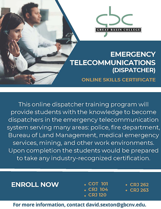 A female dispatcher and male dispatcher sit at their stations. Program information in text.